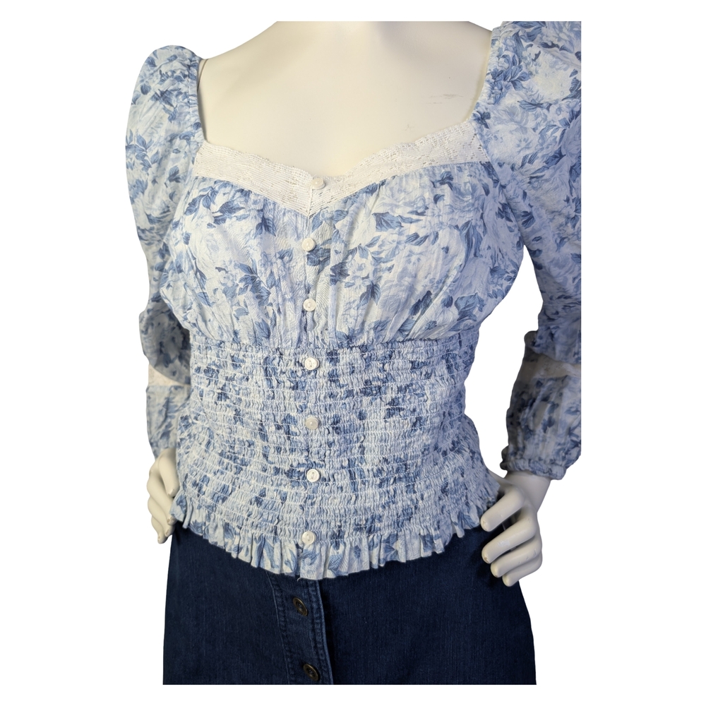 American Eagle Blue Floral Smocked Prairie Blouse | Cottagecore Western | Size M - Picture 9 of 12